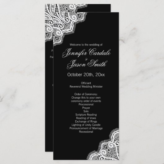 Black White Elegant Lace Vertical Wedding Programm Programma (Voorkant / Achterkant)