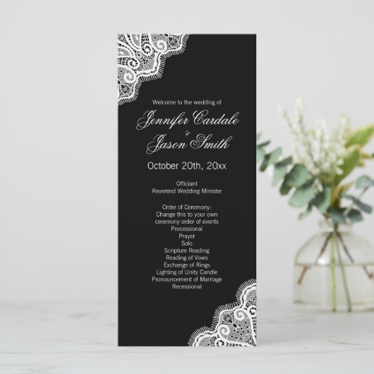 Black White Elegant Lace Vertical Wedding Programm Programma (Staand voorkant)
