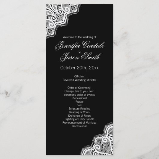 Black White Elegant Lace Vertical Wedding Programm Programma (Voorkant)