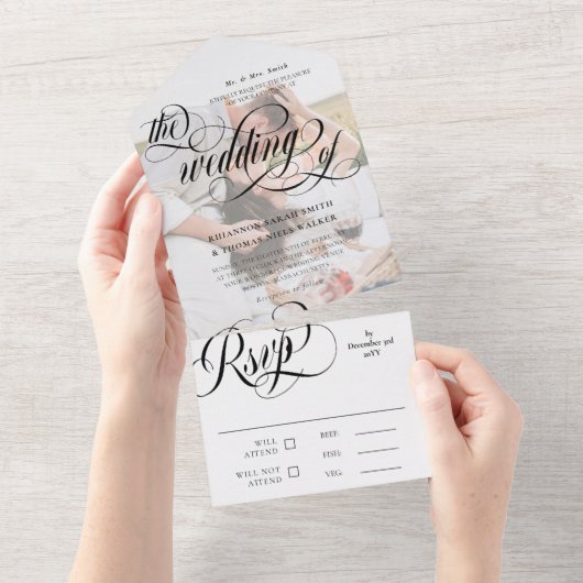 Black & White Elegant Swirls Photo Weddenschap All In One Uitnodiging (Afscheurbaar)