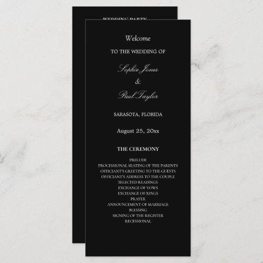 Black White Elegant Wedding Programme (Devant / Derrière)