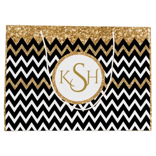 Black White en Gold Glitter Chevron Pattern Large Cadeautasje (Achterkant)