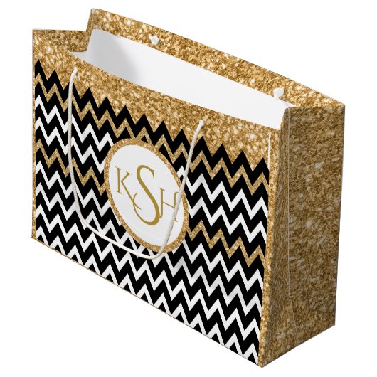 Black White en Gold Glitter Chevron Pattern Large Cadeautasje (Voorkant Gekanteld)