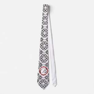 Black White en Red Heart Damask Stropdas