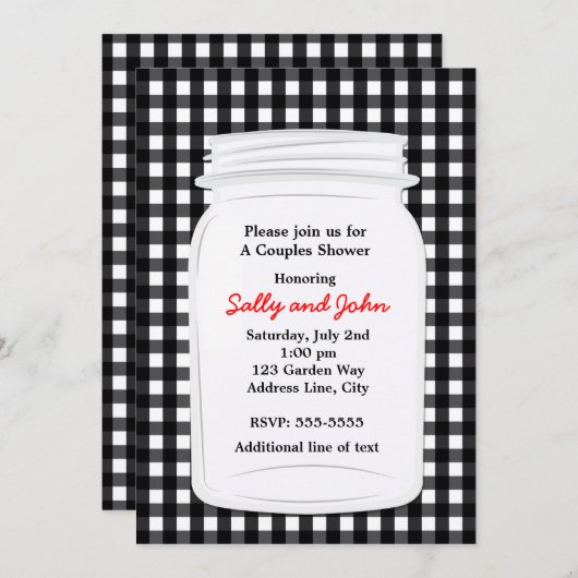 Black White En vichy Mason Jar Pays Invitation (Devant / Derrière)