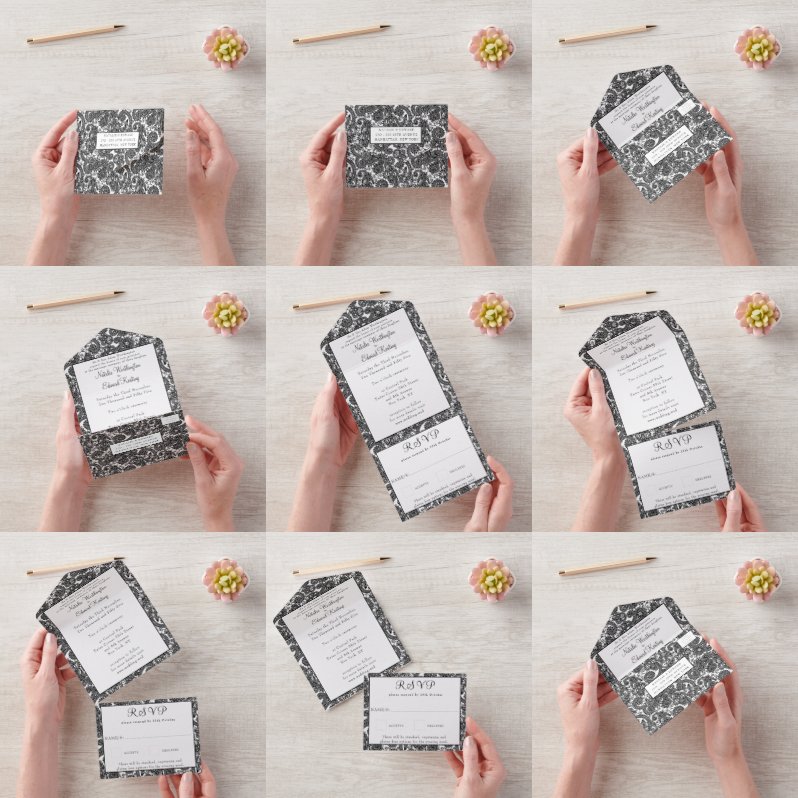 Black White Filigree Paisley Henna Wedding RSVP All In One Uitnodiging