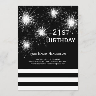 Black & White Fireworks 21st Birthday Invitation Kaart