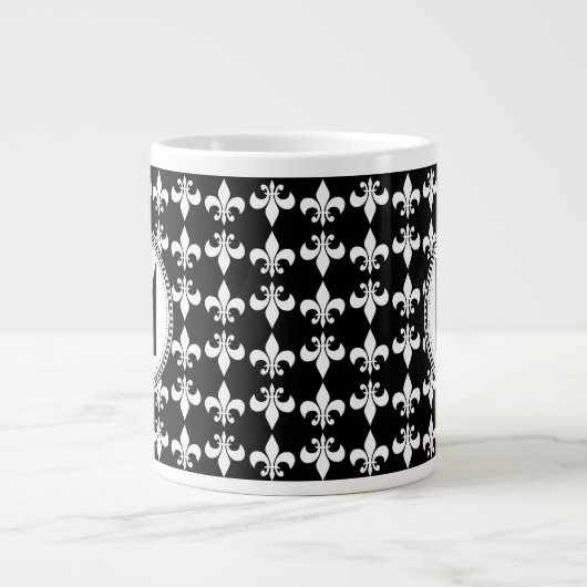 Black | White Fleur de Lis Monogram Pattern Jumbo Mok (Voorkant)