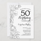 Black White Floral 50th Birthday Party Kaart (Voorkant)