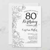 Black White Floral 80th Birthday Party Kaart (Voorkant)