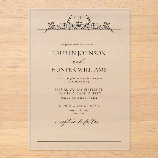 Black White Floral Border Monogram Weddenschap Acryl Uitnodigingen (Voorkant)