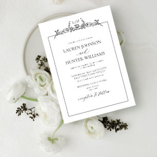 Black White Floral Border Monogram Weddenschap Kaart