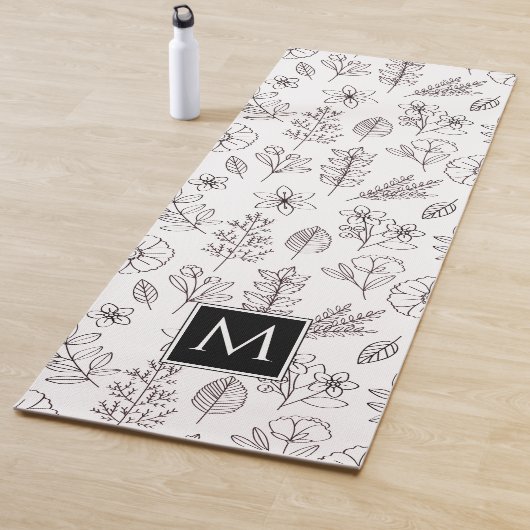 Black White Floral Botanical Monogram Yogamat (In situ)
