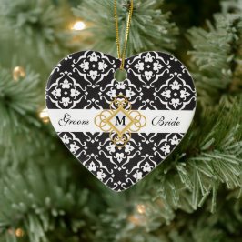 Black & White Floral Damask Wedding Keepslag Keramisch Ornament