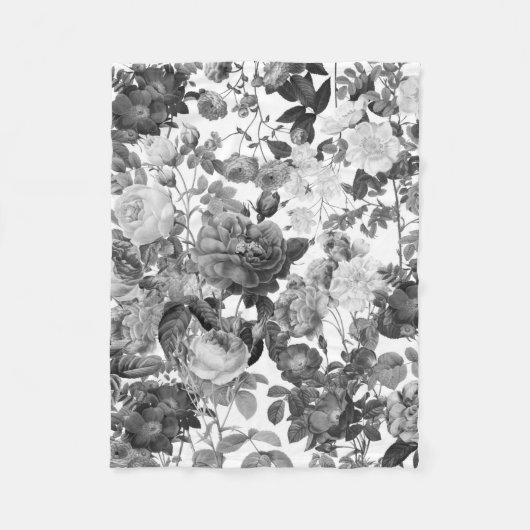 Black White  Floral Fleece Deken (Voorkant)