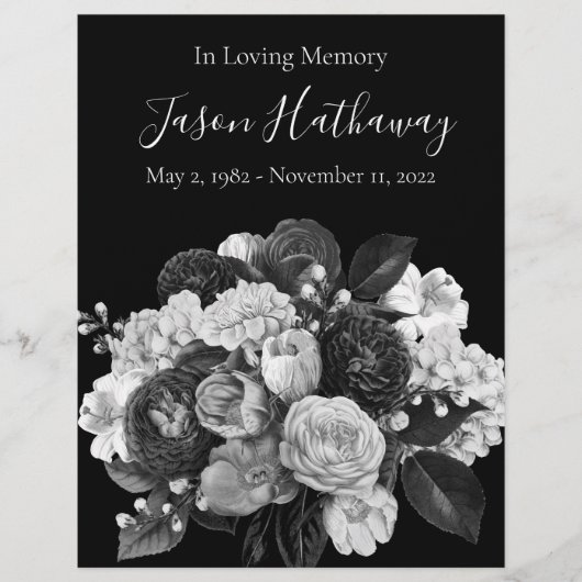 Black & White Floral Funeral Memorial Flyer (Voorkant)