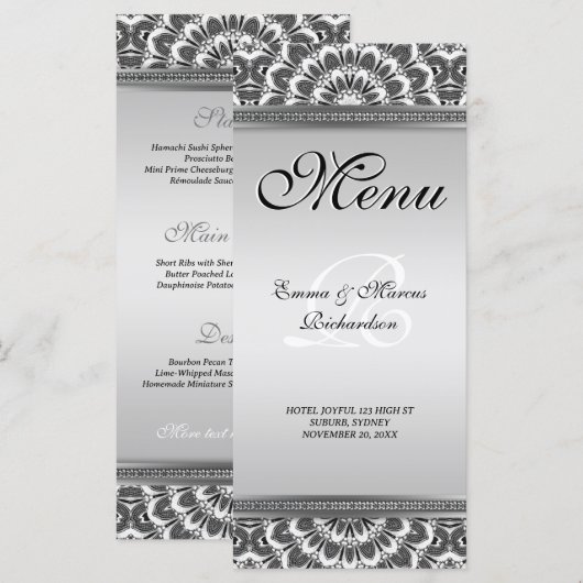 Black White Floral Mandala Wedding Menu Kaart (Voorkant / Achterkant)