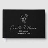 Black/White Floral Monogram Calligraphy Wedding Gastenboek (Voorkant)