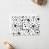 Black White Floral Monogram Notitiekaartje (Voorkant / Achterkant in situ)