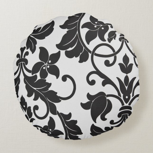 Black & White Floral Print Round Pillow Rond Kussen (Achterkant)