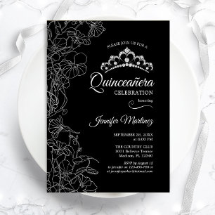 Black White Floral Quinceanera Party Kaart