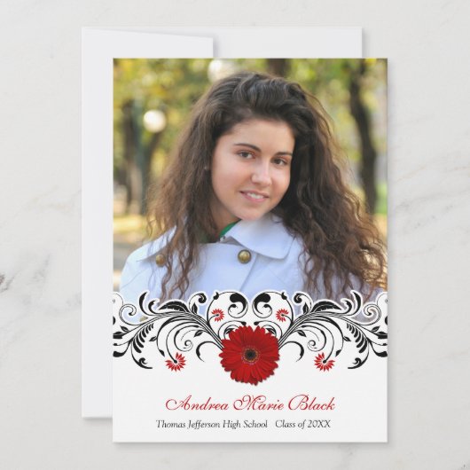 Black White Floral Red Daisy Afstuderen Invitation Kaart (Voorkant)