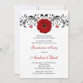 Black White Floral Red Daisy Afstuderen Invitation Kaart (Achterkant)