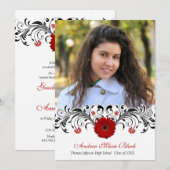 Black White Floral Red Daisy Afstuderen Invitation Kaart (Voorkant / Achterkant)