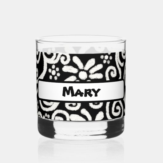 Black White Floral Swirls Pattern Personalized Whisky Glas (Voorkant)