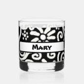 Black White Floral Swirls Pattern Personalized Whisky Glas (Achterkant)
