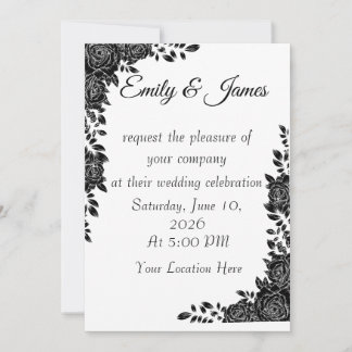 “Black & White Floral Wedding Invitation Kaart