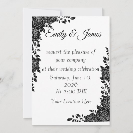 “Black & White Floral Wedding Invitation Kaart (Voorkant)
