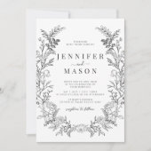 Black white floral wreath boho wedding invitation kaart (Voorkant)