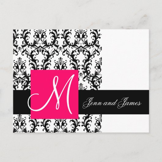 Black White Fuchsia Damask Wedding Aankondiging (Voorkant)