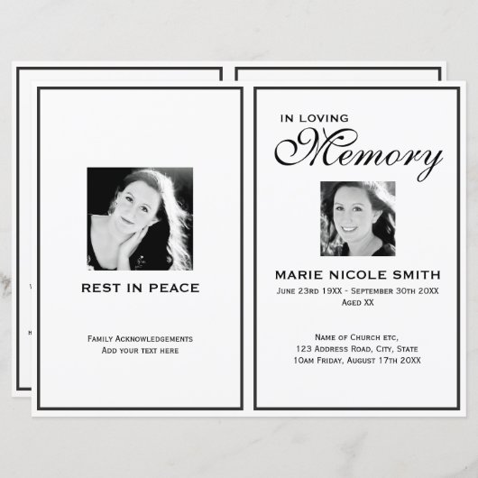 Black & White Funeral Order of Service Program (Voorkant / Achterkant)