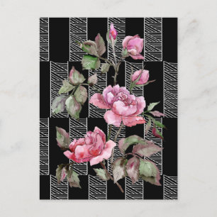 Black White Geometric Floral Postcaed Briefkaart