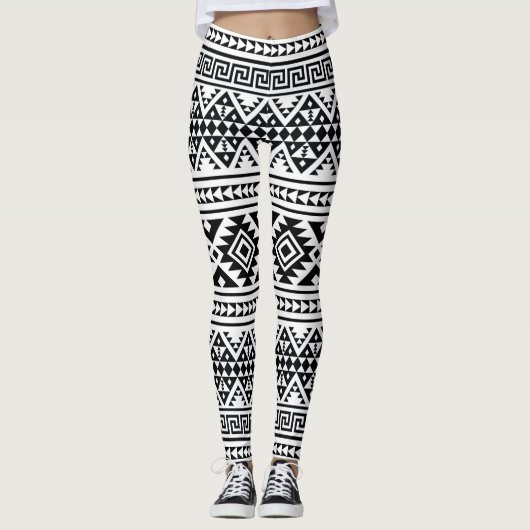 Black White Geometric Tribal Pattern Aztec Boho Leggings (Voorkant)