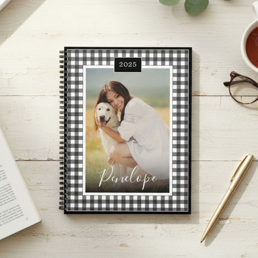 Black White Gingham Aangepaste Script Naam Foto Planner