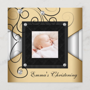 Black White Gold Baby Girl Foto Christening Kaart