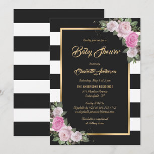 Black White Gold Blush Pink Floral Baby shower Kaart