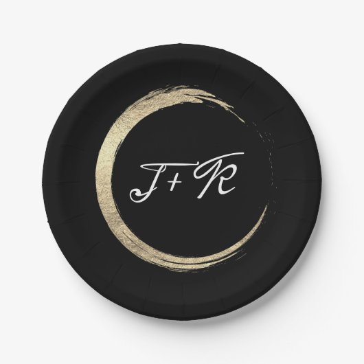 Black White Gold Circle Monogram Initialen Minimaa Papieren Bordje (Voorkant)