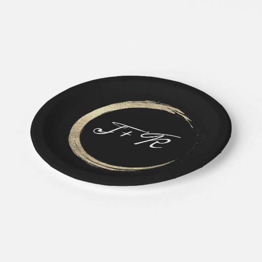 Black White Gold Circle Monogram Initialen Minimaa Papieren Bordje (Gekanteld)