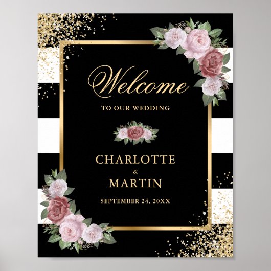 Black White Gold Floral Weduwen Ontvangteken Poster (Voorkant)