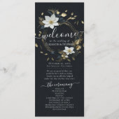Black White Gold Floral Wreath Programme de mariag (Devant)