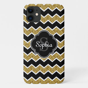 Black White Gold Glitter Chevron Pattern iPhone 11 Hoesje