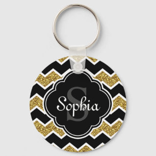 Black White Gold Glitter Chevron Pattern Sleutelhanger