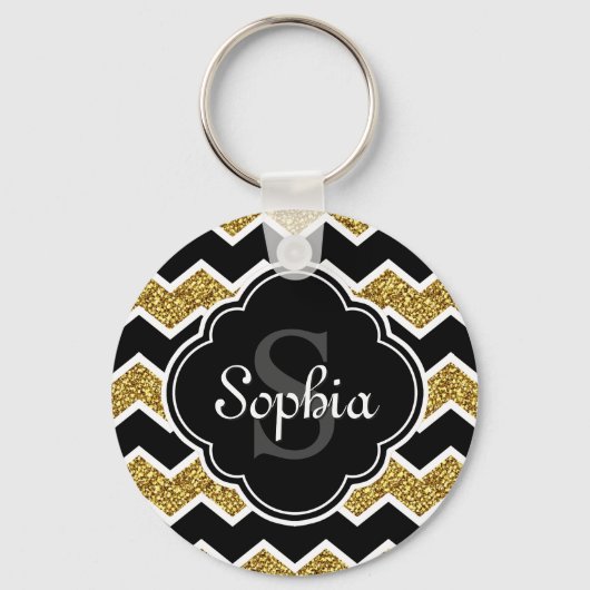 Black White Gold Glitter Chevron Pattern Sleutelhanger (Voorkant)