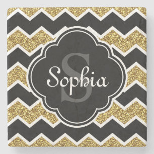 Black White Gold Glitter Chevron Pattern Stenen Onderzetter