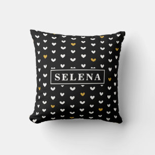 Black White Gold Heart Pattern met aangepaste naam Kussen