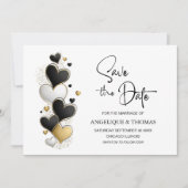 Black White Gold Hearts Wedding Save the Date (Devant)